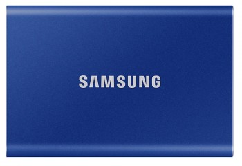 Samsung T7 1TB externe SSD, blauw Blauw, rechthoekige Samsung T7 externe SSD 1TB met een vlak metalen oppervlak.