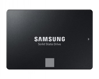 Samsung 1TB 870 EVO SSD-schijf, krachtige keuze Zwarte Samsung 870 EVO SSD-schijf 1TB, rechthoekig, gefotografeerd van voren.