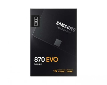 Samsung 1TB 870 EVO SSD 2.5" in harde schijf verpakking Zwarte verpakking van de Samsung 870 EVO SSD, 1TB capaciteit, SATA 2.5 inch.
