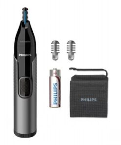 Philips neus- en oortrimmer, zwart-zilverkleurig, inclusief twee verwisselbare koppen, batterij en opbergetui.