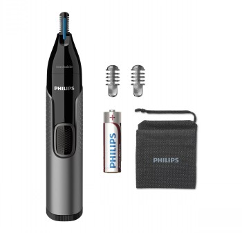 Philips neus- en oortrimmer, zwart-zilverkleurig, inclusief twee verwisselbare koppen, batterij en opbergetui.