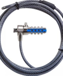 Een stalen kabelslot met cijfercombinatie, met een flexibele lange kabel en een metallische afwerking.