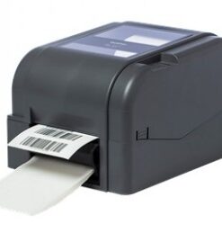 Donkergrijze stickerachtergrondpapierverwijderaar, etikettenrol komt uit de voorkant. Compact en modern ontwerp.
