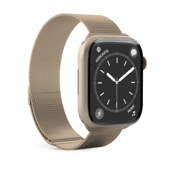 Puro Milanese-stalen bandje voor Apple Watch, champagnekleurig Champagnekleurig Milanese-staal bandje, bevestigd aan een Apple Watch, zijaanzicht.