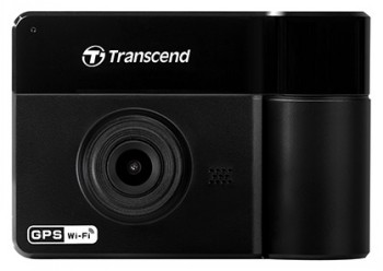 Zwarte Transcend DrivePro 550 dashcam met GPS- en Wi-Fi-indicaties, frontlens en stijlvol ontwerp.