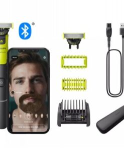 Philips OneBlade 360-trimmer, inclusief vervangende mesjes, beschermhoes, oplaadkabel en smartphone met verbindingsmonitor.