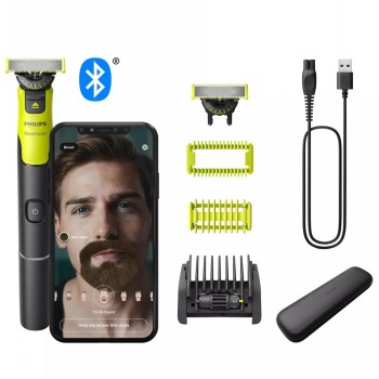 Philips OneBlade 360-trimmer, inclusief vervangende mesjes, beschermhoes, oplaadkabel en smartphone met verbindingsmonitor.
