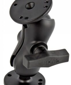 RAM Mounts-arm C-maat, zwarte kogel-baseset Zwarte RAM Mounts-arm met twee kogels en ronde bases. Zijaanzicht.
