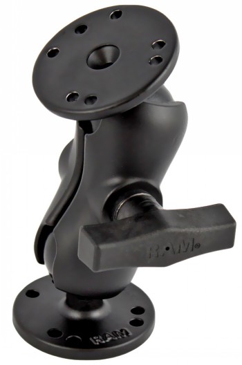Zwarte RAM Mounts-arm met twee kogels en ronde bases. Zijaanzicht.