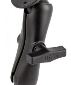 Zwarte RAM Mounts C-grootte bevestigingsarm met twee 1,5-inch bollen en ronde basisplaten.