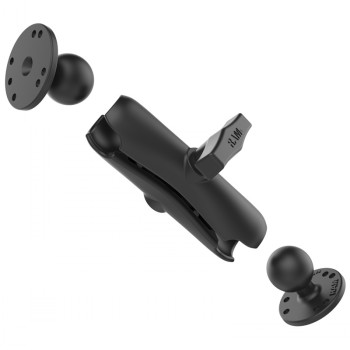 RAM Mounts C-formaat arm en 1.5" kogelplaten Zwarte RAM Mounts-arm met ronde platen en C-formaat 1.5 inch kogelbevestigingen tegen een witte achtergrond.