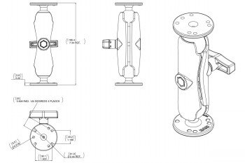 RAM Mounts bevestigingsarm en 1.5" ballen in constructietekening RAM Mounts C-grootte middelgrote bevestigingsarm, twee 1.5 inch ballen en ronde 2.5 inch platen in een zwart-wit constructietekening...