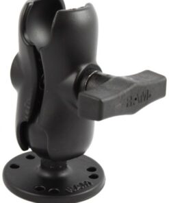 RAM Mounts C-maat korte montagesteunarm en 1,5 inch kogelbasis Zwart RAM Mounts montagesteunarm met ronde basis met gaten, zijprofiel zichtbaar.