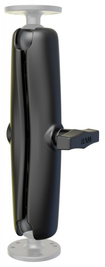 RAM Mounts lange montagearm, zwart met metaalachtige glans Lange, zwarte RAM Mounts-montagearm met glanzende metalen uiteinden in verticale positie.