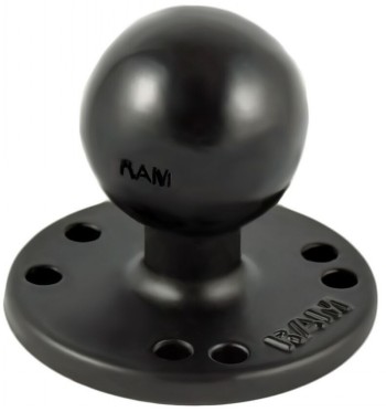 Zwarte ronde RAM Mounts 1,5 inch kogel met 2,5 inch basisplaat en bevestigingsgaten.