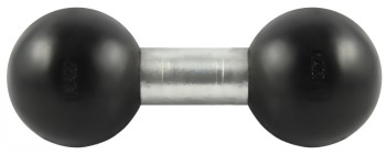 Zwarte dubbele kogeladapter met een metalen verbindingsstuk in het midden, RAM Mounts C-maat.