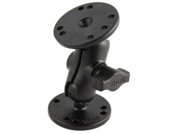 Korte zwarte RAM Mounts montage-arm met twee ronde platen en een stelknop, duurzame constructie.