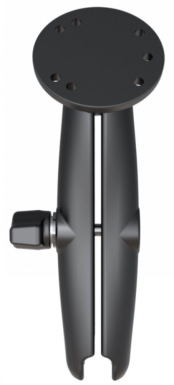 Lang bevestigingsarm van zwart metaal, met een 1.0 inch bal en een ronde 2.5 inch basis, afgebeeld van voren.