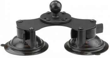 Zwarte RAM Mounts zuignapbevestiging met twee zuignappen van 3,3 inch en een B-maat kogel. Zijaanzicht afgebeeld.