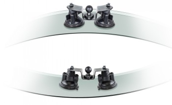 RAM Mounts zuignapbevestiging met flexibele arm, B-kogel RAM Mounts zuignapbevestiging met flexibele arm en B-formaat kogel, bevestigd op een glasoppervlak.