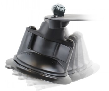 RAM Mounts zuignapbevestiging met flexibele arm, B-formaat Zwarte RAM Mounts-zuignapbevestiging met flexibele arm en B-formaat kogel, zijprofiel.