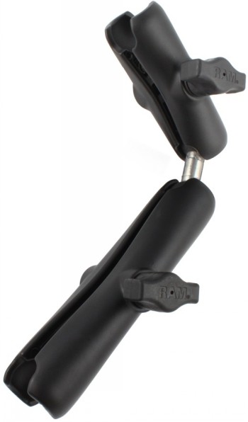 RAM Mounts 1" dubbele kogeladapter en verstelbare armen voor laptops. Zwarte RAM Mounts-adapter met twee kogelstukken en twee verstelbare armen, afgebeeld vanuit een zijprofiel.