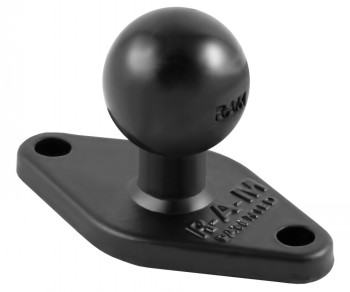 Zwarte metalen diamantvormige basis met een 1-inch bal en twee schroefgaten.