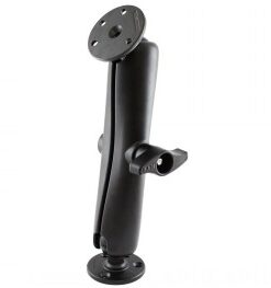 Lange RAM Mounts-arm en D-klasse kogels voor laptops Lange zwarte RAM Mounts-arm met twee ronde 2,25 inch D-klasse kogelbases, afgebeeld vanuit een hoek- en zijaanzicht.