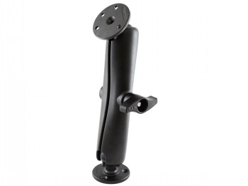 Lange RAM Mounts-arm en D-klasse kogels voor laptops Lange zwarte RAM Mounts-arm met twee ronde 2,25 inch D-klasse kogelbases, afgebeeld vanuit een hoek- en zijaanzicht.