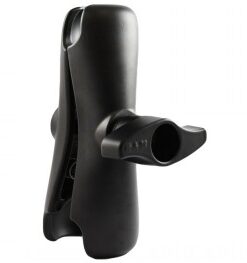 Korte zwarte RAM Mounts D-grootte montagearm, zijaanzicht, rubberachtige afwerking.