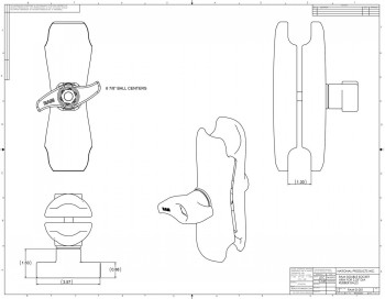 RAM Mounts korte D-formaat bevestigingsarm in een technische afbeelding. RAM Mounts D-formaat korte bevestigingsarm in een technische tekening, getoond vanuit verschillende hoeken.