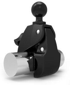 Zwarte RAM Mounts Tough Claw-klem, groot formaat, uitgerust met een 1,5 inch bal. Geschikt voor cilindrische oppervlakken.
