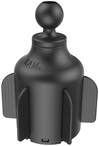 RAM Mounts Stubby drankhouderbevestiging, zwart Zwarte RAM Mounts drankhouder met korte steunstang en vleugelachtige klemmen. Staande afbeelding met neutrale achtergrond.