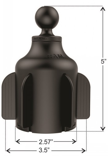 RAM Mounts Stubby drankhouderbevestiging, draagbare accessoire. Zwarte RAM Mounts Stubby drankhouderbevestiging met vleugelvormige gripdelen en een ronde kop, technische afmetingen zichtbaar.