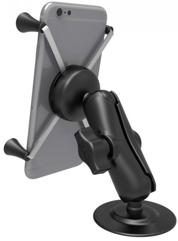 RAM Mounts X-Grip telefoonhouder voor grote telefoons Zwarte RAM Mounts-houder met een grote smartphone bevestigd, zuignap en verstelbare arm.