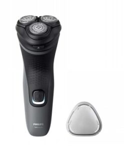 Philips grijs en zwart oplaadbaar scheerapparaat met vijf roterende scheerunits en een accessoire.