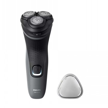 Philips grijs en zwart oplaadbaar scheerapparaat met vijf roterende scheerunits en een accessoire.