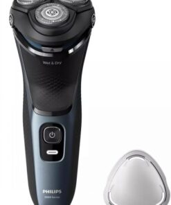 Donkerblauwe Philips Series 3000 scheerapparaat met drie roterende scheerkoppen en een zwart ergonomisch handvat.