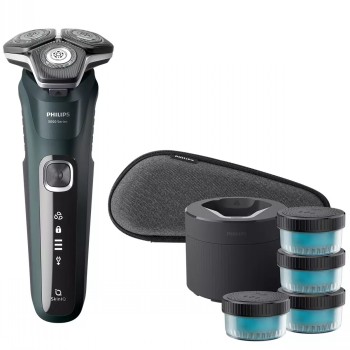 Philips Shaver 5000 scheerapparaat, zwart en groen, inclusief accessoires en laadstation.