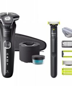 Philips Series 5000 zwarte oplaadbare scheerapparaat en OneBlade-set, inclusief extra mesjes en accessoires, tegen een witte achtergrond.