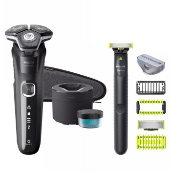 Philips Series 5000 zwarte oplaadbare scheerapparaat en OneBlade-set, inclusief extra mesjes en accessoires, tegen een witte achtergrond.