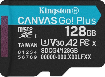 Kingston Canvas Go Plus 128 GB microSD-geheugenkaart, snel en krachtig Kingston's zwarte en paarse 128 GB Canvas Go Plus microSD-geheugenkaart in close-up, met technische details zichtbaar.