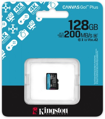 Kingston 128 GB Canvas Go Plus microSD-geheugenkaart in verpakking Kingston 128 GB Canvas Go Plus microSD-geheugenkaart in verpakking, blauwe en witte achtergrond met technische gegevens zichtbaar.