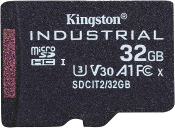Mustapohjainen Kingstonin microSD-kortti, jossa valkoiset tekniset merkinnät 32GB-tallennustilasta ja A1-suorituskyvystä.
