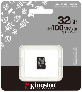 Kingston 32 GB Industrial microSD-geheugenkaart, A1, grijze verpakking Kingston 32 GB Industrial microSD-geheugenkaart in verpakking, grijze achtergrond en witte plastic houder.