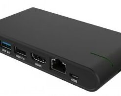 Zwarte rechthoekige mediaspeler met HDMI-, USB- en netwerkpoorten. Gefotografeerd vanuit zijprofiel.