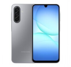 Samsung Galaxy A17 5G-smartphone in grijs, afgebeeld van achteren en voren, met afgeronde hoeken en een druppelvormige inkeping voor de frontcamera.