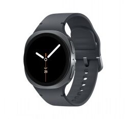 Ronde zwarte Samsung Galaxy Watch8-smartwatch met een grafietgrijze band in zijprofiel.
