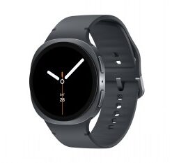 Zwarte Samsung Galaxy Watch8, rond scherm en zwarte siliconen band, schuin van opzij bekeken.