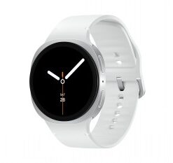 Samsung Galaxy Watch8 slimme horloge, zilveren kleur, ronde vormgeving, witte band.